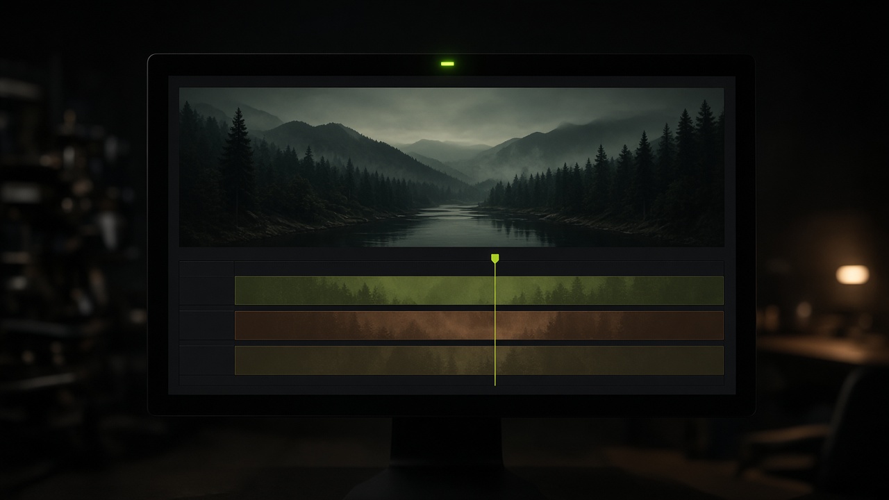 A dark grading monitor with three timeline tracks and a lime playhead.