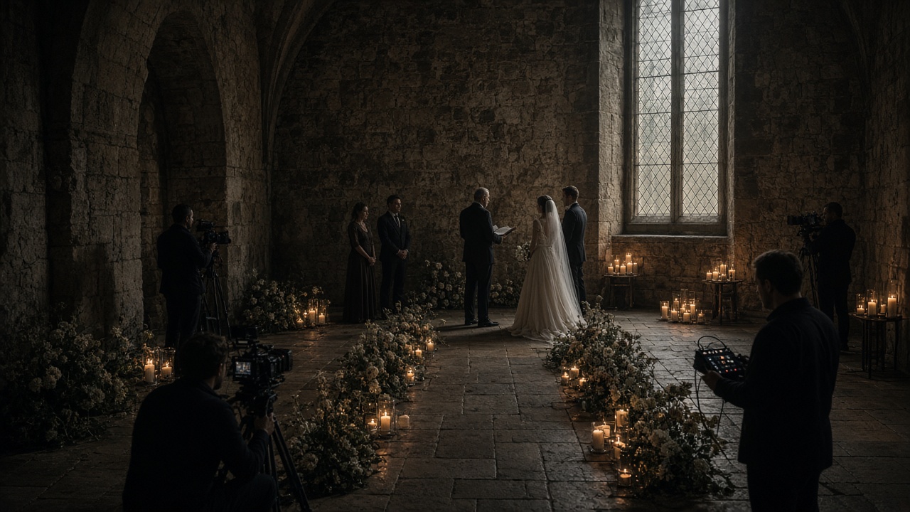 A candlelit ceremony filmed by several cameras, with a recordist at the aisle.